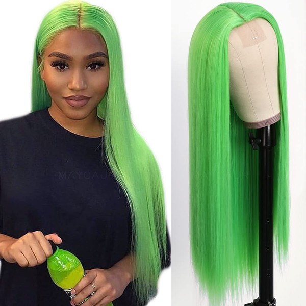 Maycaur Green Lace Front Wigs Long Straight Hair 24 Inch Lime Green Color Wigs for Fashion Women Glueless Synthetic Lace Front Wigs with Natural Hairline