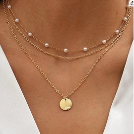 VIROMY Dainty Gold Layering Necklace Set for Women 14K Gold Plated Pearl Choker Simple Triple Three Layered Cable Chain Necklaces Disc Pendant Necklace Everyday Jewelry Gift