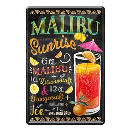 Malibu Sunrise Cocktail Recipe Tin Sign - Retro Decorative Sign - Metal Sign for Decoration of Kitchen Beach Bar Pub Cellar Bar Lounge Pub - Instructions for Mixing Cocktail Long Drink - 20 x 30 cm