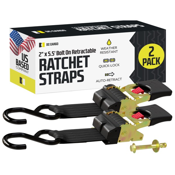 DC Cargo Bolt-on Auto Retractable Ratchet Straps - (2 Pack) 2 Inch x 5.5 Ft - 1,333 lbs Break Strength - Retractable Ratchet Tie Down Straps for Boats, Jet Skis, Motorcycles, ATVs