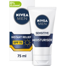 NIVEA MEN Sensitive Face Moisturiser SPF15 (75ml), 0% Alcohol Moisturiser Relieves 5 Signs of Skin Irritation and Protects Skin Against UVA/UVB Rays, Non-Greasy Formula