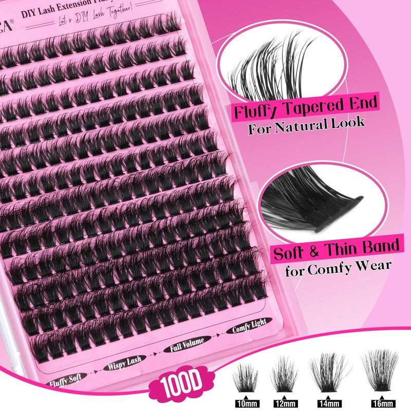 Yawamica Cluster Eyelash Extensions Fluffier 10-16mm Wispy Lash Clusters 100D