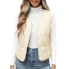 Yuson Girl Gilet for Women UK Sleeveless Short Fleece Jacket Autumn Winter Warm Quilted Gilet Casual V-Neck Ladies Gilets Bodywarmer Lightweight Soft Vest Transition Jacket Waistcoat(Beige, XL)