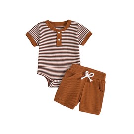 Hihosdor Baby Boy Outfits Ribbed Short Sleeve Striped Romper Top Solid Color Shorts Set with Pockets Baby Boy Summer Clothes, Brown, 0-3 Months