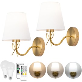 TREELAND Antique Brass Bow Wall Sconces with 110V Dimmable Remote Bulb, 3 Color Tempture, Timmer Function, Hardwire or Plug-in Cord Set of Two Vintage Gold Wall Lamp Light for Bedroom Living Room