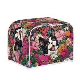 Salabomia Cat Flower Toaster Cover 4 Slice, Washable Bread Maker Cover Toaster Protector, Dustproof Kitchen Appliance Accessories, Women Gift for Mom Wife, Pink and Black