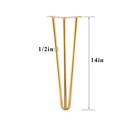 ALXEH 14 Inch Hairpin Legs Metal - 1/2” Dia 3 Rods Design - Mid Century Furniture Table Legs, DIY Furniture Hairpin Feet Gold for Nightstand, Coffee Table and TV Stand, Set of 4