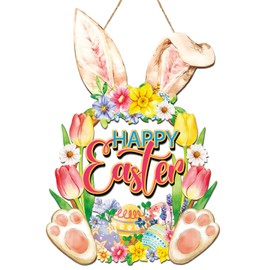 Riletese Easter Decorations Wreath for Front Door Decor Hanging Wall Signs Rabbit Spring Decoration, Hollow Bunny Sign Flower Egg Welcome Hanging Home Decor Party Outdoor Indoor Supply Happy Easter