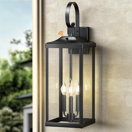 Yolsunes 24" Extra Large Dusk to Dawn Outdoor Wall Light, Black 3-Light Waterproof Exterior Wall Mount Porch Lantern, Modern Outside Wall Sconce Coach Light with Clear Glass, E12, 1-Pack