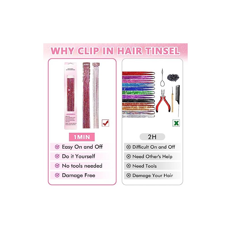 HASTHIP® 6 extensiones de cabello con purpurina y clip, color