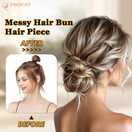 PHOCAS 2PCS Messy Hair Buns Hair Piece for Women Natural Fake Curly Bun Fluffy Chignon Ponytail Hair Extensions for Daily Wedding Use(Brown Mixed Blonde Highlight)