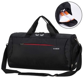 KASIBON Sports Gym Bag with Shoes Compartment and Wet Pocket, Travel Duffle Bag for Men and Women (Black), 20 * 10.5* 10 inches
