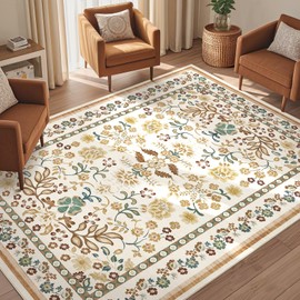 UERMEI 5x7 Area Rug Living Room Rugs - Washable Boho Vintage Floral Large Soft Non Slip Thin Rug Low Pile Carpet for Bedroom Dining Room Kids Playroom Office Decor Indoor- Brown