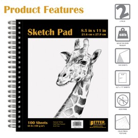 Better Office Products 8.5" x 11" Sketch Paper Pads, 2 Pack, 200 Total Sheets (100 Each), 68 lb/100gsm Premium Paper, Spiral Bound Artist Sketch Book, Acid Free, Cold Press, Natural White
