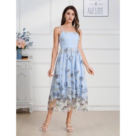 Spaghetti Straps Floral Embroidered Dress for Women Formal Party Flower Embroidery Tulle Dress Long Prom Homecoming Dresses Floral Cocktail Dress for Women Wedding Guest Dress Summer Light Blue M