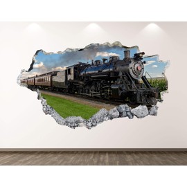 Vintage Train Wall Decal Art Decor 3D Smashed Railway Sticker Mural Custom Gift BL118 (70"W x 40"H)