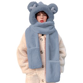 Rayson 3 in 1 Winter Women's Hat Scarf Women's Cute Bear Hooded Scarf Hat with Furry Gloves Warm Girls Hat Gloves Scarf Set Winter Scarf Ear Protection for Outdoor Use, gray
