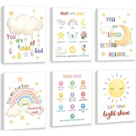 HPNIUB Framed Kids Bible Verse Canvas Wall Art,Set of 6 (8”x10")Inspirational Quotes Christian Nursery Wall Decor,Christian Gifts For Kids,Rainbow Sunshine Scripture Wall Art For Bedroom Sunday School