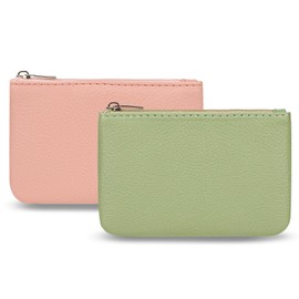 2 Pack Coin Purse, Portable PU Leather Coin Purse with Zipper Coin Purse Mini Change Purse Small Coin Purse for Women Credit Card Folded Bills ID Key Headset Lipstick (Pink&Green)