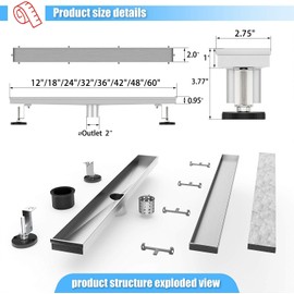 YEFU Shower Drain Nickel for Bathroom: 42 Inch Stainless Steel Linear Shower Drain – 2-in-1 Shower Floor Drain with Tile Insert Grate – Rectangle Linear Drain with Adjustable Feet & Hair Catcher