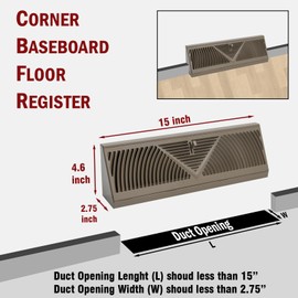 Fits 15" Baseboard Space | Corner Baseboard Register by Handua | Round Type Air Flow Design | 15" External Length Register Vent Cover Grill | Adjustable Lever for Air Flow Control | Brown