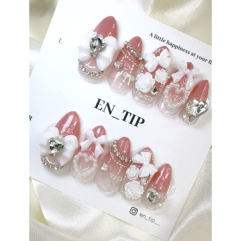 Peach Garden Ribbon Handmade Nail Tips - Short Almond /