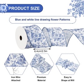 Generic AnyDesign Floral Wired Edge Ribbon Blue Flower Craft Ribbon Chinoiserie Decorative Fabric Ribbon for DIY Crafts Wreath Bow Making, 12 Yards