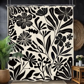 Yookeb - Cortina de ducha abstracta de flores de Matisse de 60 W por 71 pulgadas de alto, estilo retro de los años 70, funky negro, blanco roto, minimalista, neutro, clásico, poliéster, 12 ganchos de