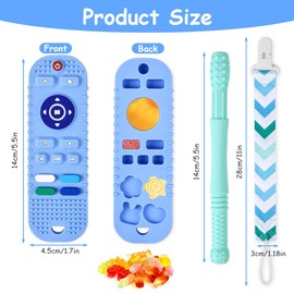 Silicone Baby Teething Toys, Remote Control Shape Teethers Toys with Teething Tubes and Pacifier Clip, Baby Teething Toys for 3 Months+, Remote Teething Toys BPA Free/Freezable/Dishwasher Safe(Blue)