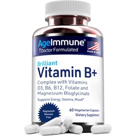 AgeImmune Vitamin B Complex with Vitamin D3 B12 B6 Magnesium Bisglycinate and Folate as Methylfolate - Doctor Formulated Methylated B Complex Supplement – 60 Capsules - Without Niacin