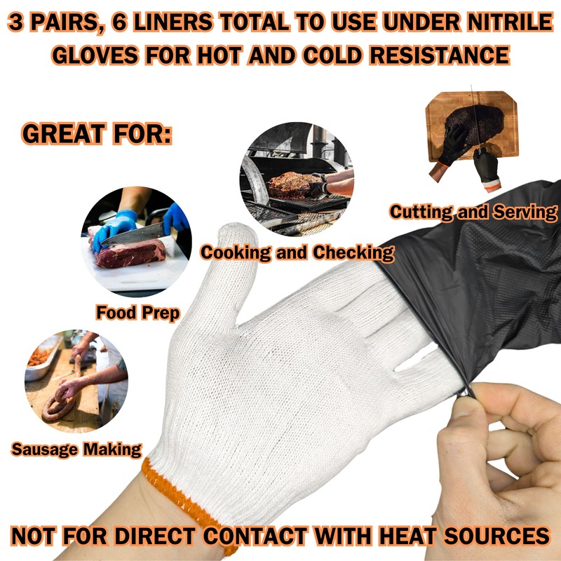BBQ Grill Heat Resistant Cotton Glove Liners - 3 Pairs