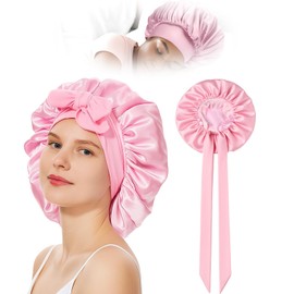 Seidenhaube zum Schlafen Maulbeerseide,Luxus Silk Bonnet Sleep Cap mit Verstellbarem Band, Satin Haarhaube für Locken Glatte Haare, Atmungsaktive Nachtmütze (Pink)