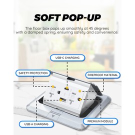Pop Up Waterproof Floor Electrical Box with 4.8A USB Charger, Type c Charger and 2 Outlet Receptacle Stainless Steel Plating