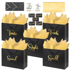 13'' Large 5 Senses Gift Bags for Him Her with Labels Envelopes and Cards, Gold Foil Sight Smell Touch Taste Sound Gift Bags with Tissue Handle for Birthday, Anniversary, Mother's Day, Valentine's Day