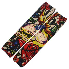 Slip on Temporary Tattoo Sleeve - Bright Coloured Skull, Roses & Nature - Only Single Piece