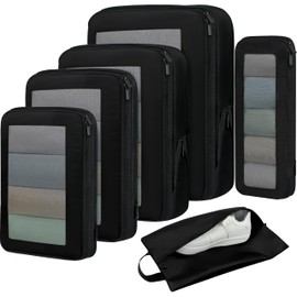 BAGAIL 4 Set/6 Set/8 Set Compression Packing Cubes Travel Accessories Expandable Packing Organizers (Square Mesh, 05-Jet Black)