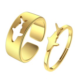 Chereda 2PCS Matching Marine Animal Adjustable Rings For Women Couples Everyday Jewelry Promise Wedding Gift 316L Stainless Steel Open Ring (Shark-g, Adjustable)