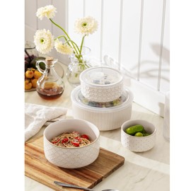 MIKIGEY Mixing Bowls with Lids Set of 4, Ceramic Nesting Bowls, Embossed Mixing Bowl Set for Food Storage, Prep Bowl, Gift, Microwave and Dishwasher Safe, 10/18/33/50 OZ, Off-White