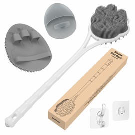 Manmihealth 15.7" Cute Back Scrubber & Soft Silicone Shower Brush Face Scrubber Set (3 PCS), Paw-Shaped Silicone Back Brush & Body Facial Scrubber with Super-Soft Bristles Combination(GraySet)