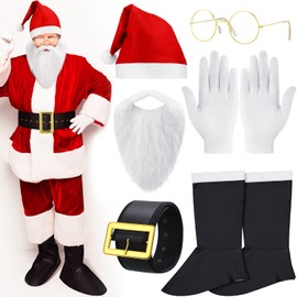 6 Pcs Santa Belt White Beard Hats Boots Gloves Glasses Set Christmas Santa Claus Costume Accessory for Men Women Adult Christmas Party Costume