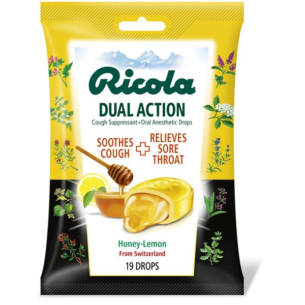 Ricola Dual Action Honey Lemon Cough Drops, 19 Count