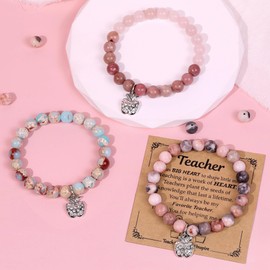 6Pcs Teacher Christmas Gifts for Women, Teacher Appreciation Gifts for Women in Bulk, Natural Stone Christmas Gifts Teacher Bracelet with Message Card, Valentines Day End of Year Gifts for Teachers