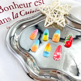 LWTZLW Summer Press on Nails Medium Almond False Nails Pineapple Full Cover Glue ons Nails Oval Acrylic Fake Nail Colorful Fruit Glossy Artificial Nail Reusable for Women