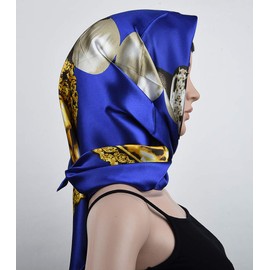 corciova Elegant Women Neckerchief Silk Like Satin Square Scarf Wrap 35 Pearl Pendant Persian Blue Curly Headband Bandana