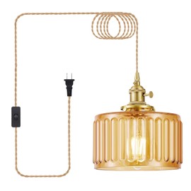 Beser·Win Plug in Pendant Light, Hanging Lights with Plug in Cord, Hanging Light Fixture with Clear Glass, E26 Pendant Lighting for Kitchen Island, Bedroom, Dining Room- Amber Color