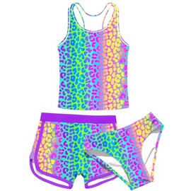 uideazone 14-15 Years Girls Swimsuits 3D Printed Leopard 3 Piece Bathing Suits with Shorts Racerback Swimwear Tankini Set for Surfing Size 14 15