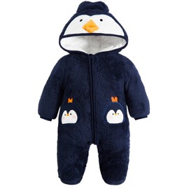 JiAmy Baby Winter Snowsuit, Infant Hooded Romper Outfits Boys Girls Cartoon Fleece Jumpsuit Penguins 6-9 Months
