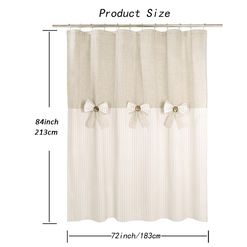 DOSLY IDÉES Farmhouse Linen Shower Curtain,Bowknot,Cotton Blend Fabric,Pleated Beige Stripe,Country