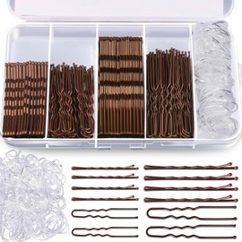 Aucuu 300 pcs Bobby Pins Kit, 100 Brown Waved Hair Pins（50pcs L+50pcs S）, 100 Brown U Shaped Hair P-ins（50pcs L+50pcs S）,100 White Elastic Bands, with Storage Box, for All H-air Types