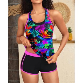 Yonique - Traje de baño deportivo tankini de 3 piezas para mujer con pantalones cortos, camisetas sin mangas con brasier deportivo y pantalones cortos, hojas coloridas, M